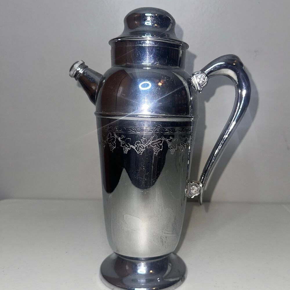 Vintage Chrome Plated Art Deco Grape Vine Design Martini Cocktail Shaker